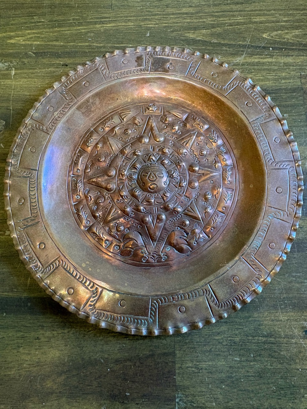 Vintage Copper Metal Aztec Wall Hanging Plate Mayan Mexico Embossed Medallion